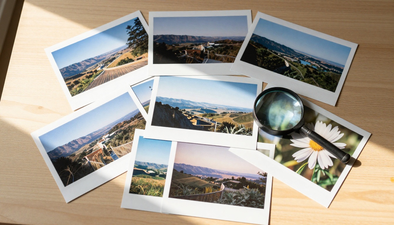 Overhead flat-lay of printed photographs spread across a maple wood table with a magnifying glass revealing fine detail