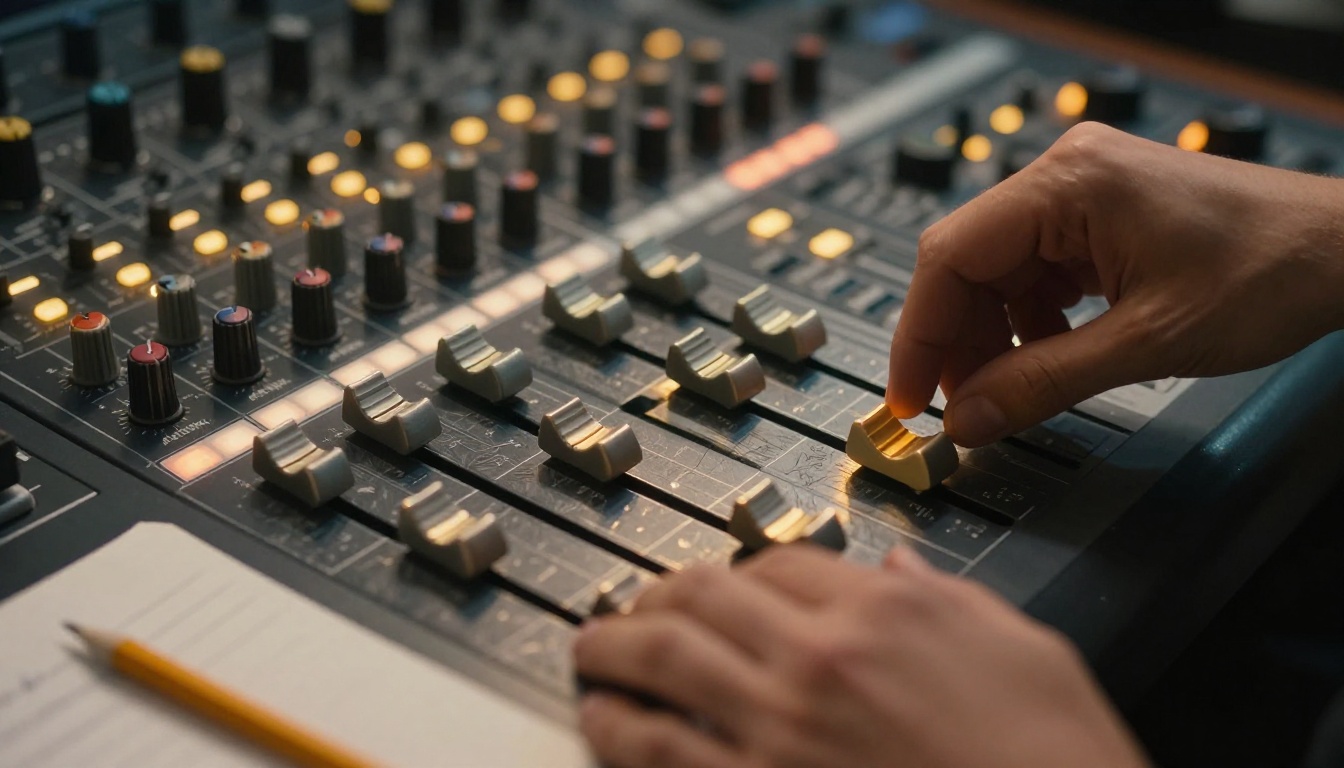 Audio mixing console with hands adjusting controls in warm studio light