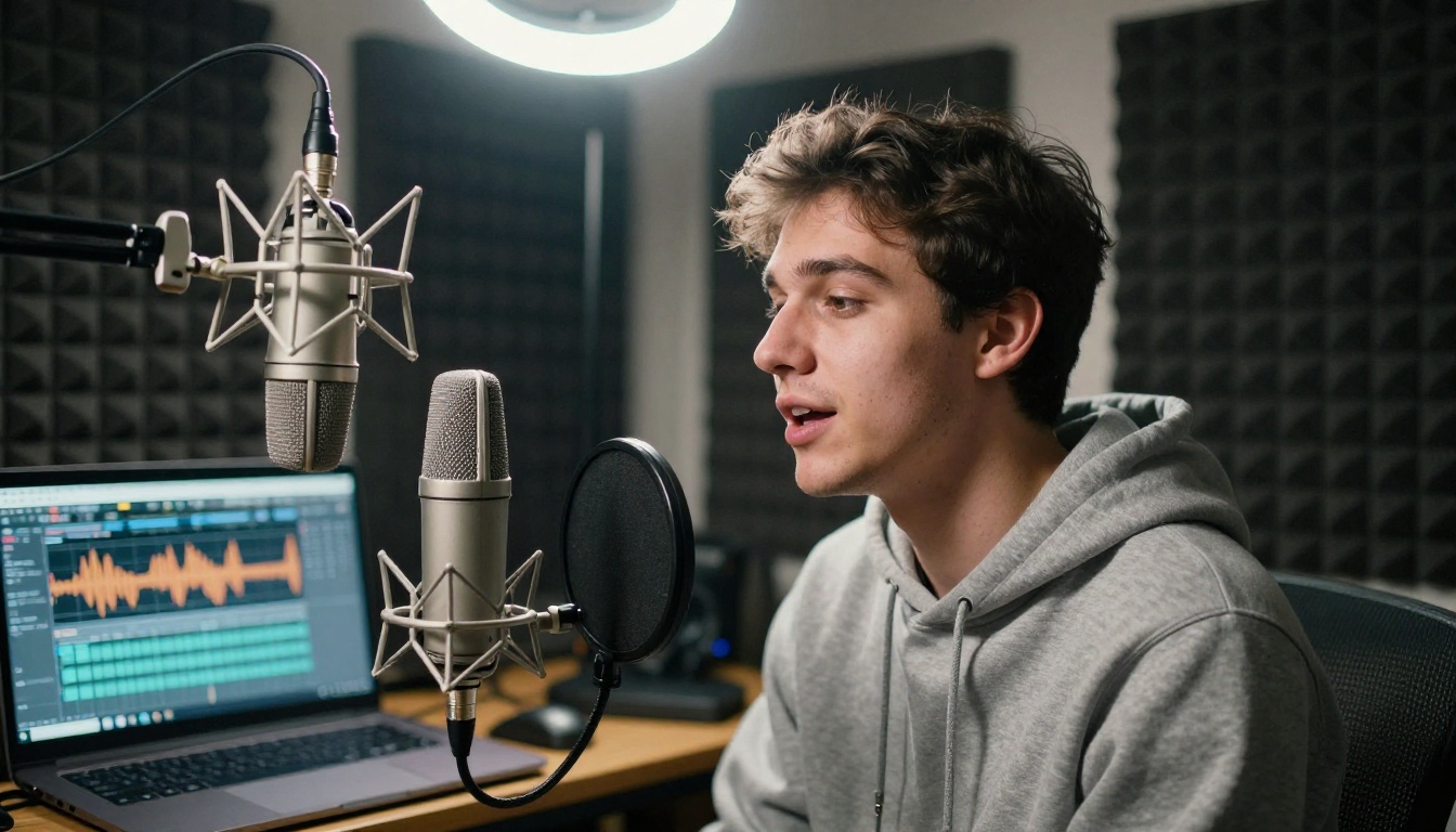Young male podcaster leaning toward condenser microphone in cozy home studio