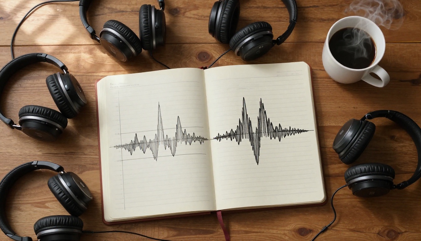 Top-down view of recording desk with headphones and hand-drawn voice pitch charts