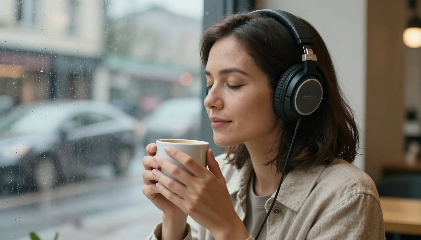 Woman in headphones in deep listening focus at rainy café window