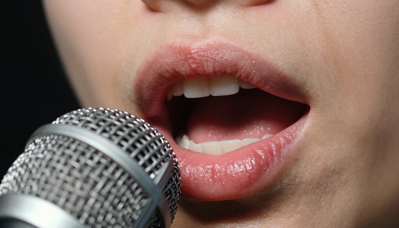 Extreme close-up of lips at silver broadcast microphone with dramatic rim lighting