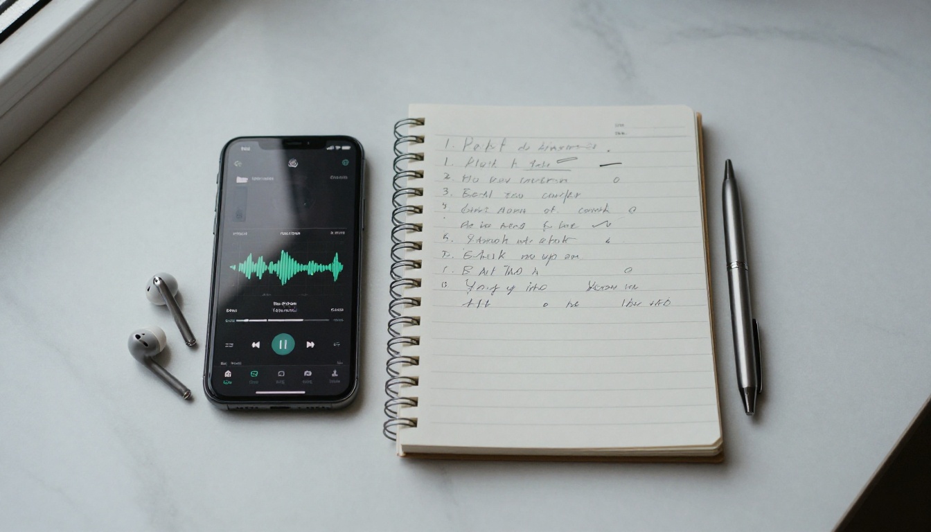 Flat-lay of smartphone with audio waveform app, handwritten script, and earbuds on marble