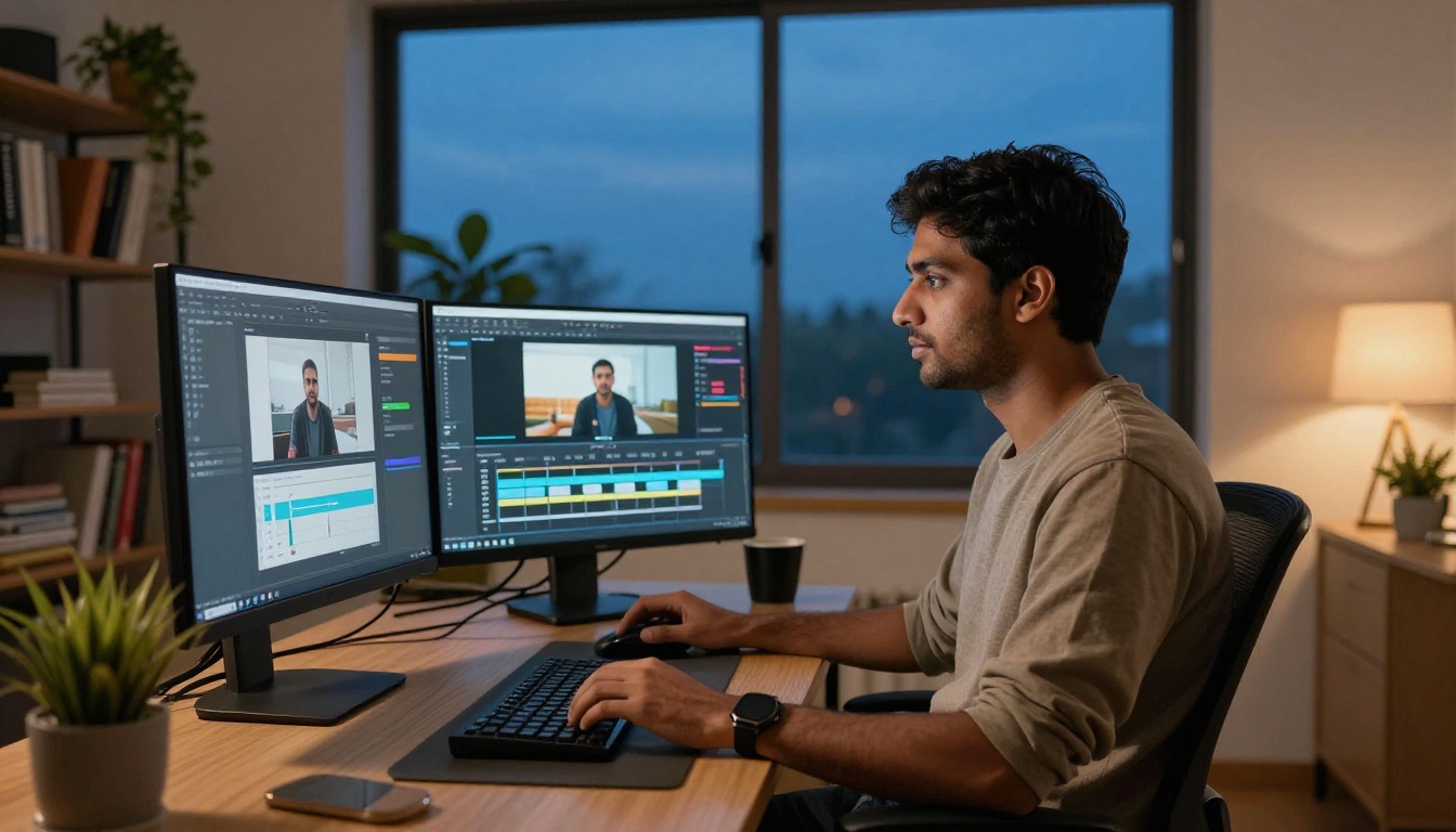 E-learning content creator at dual-monitor workstation at dusk with golden-blue light