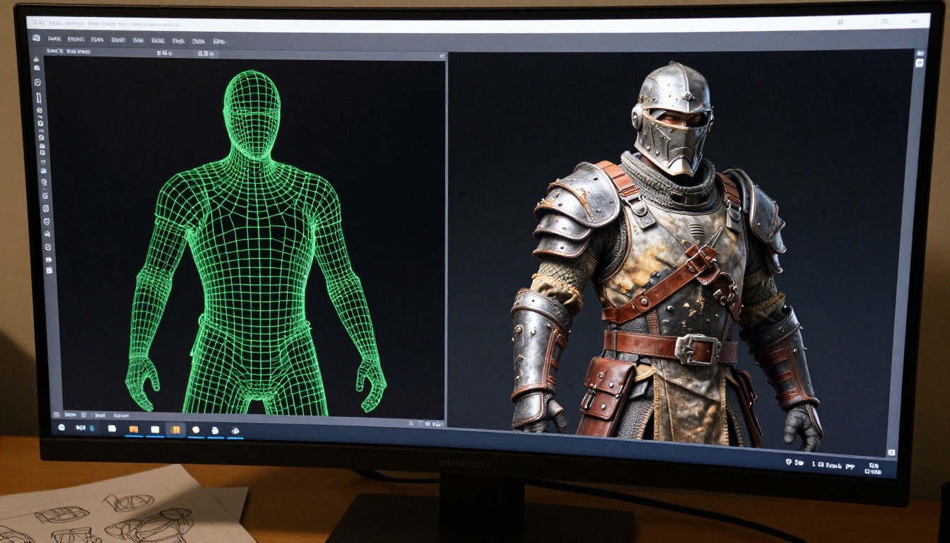 AI-powered 3D asset comparison showing raw polygon mesh and fully textured character side by side