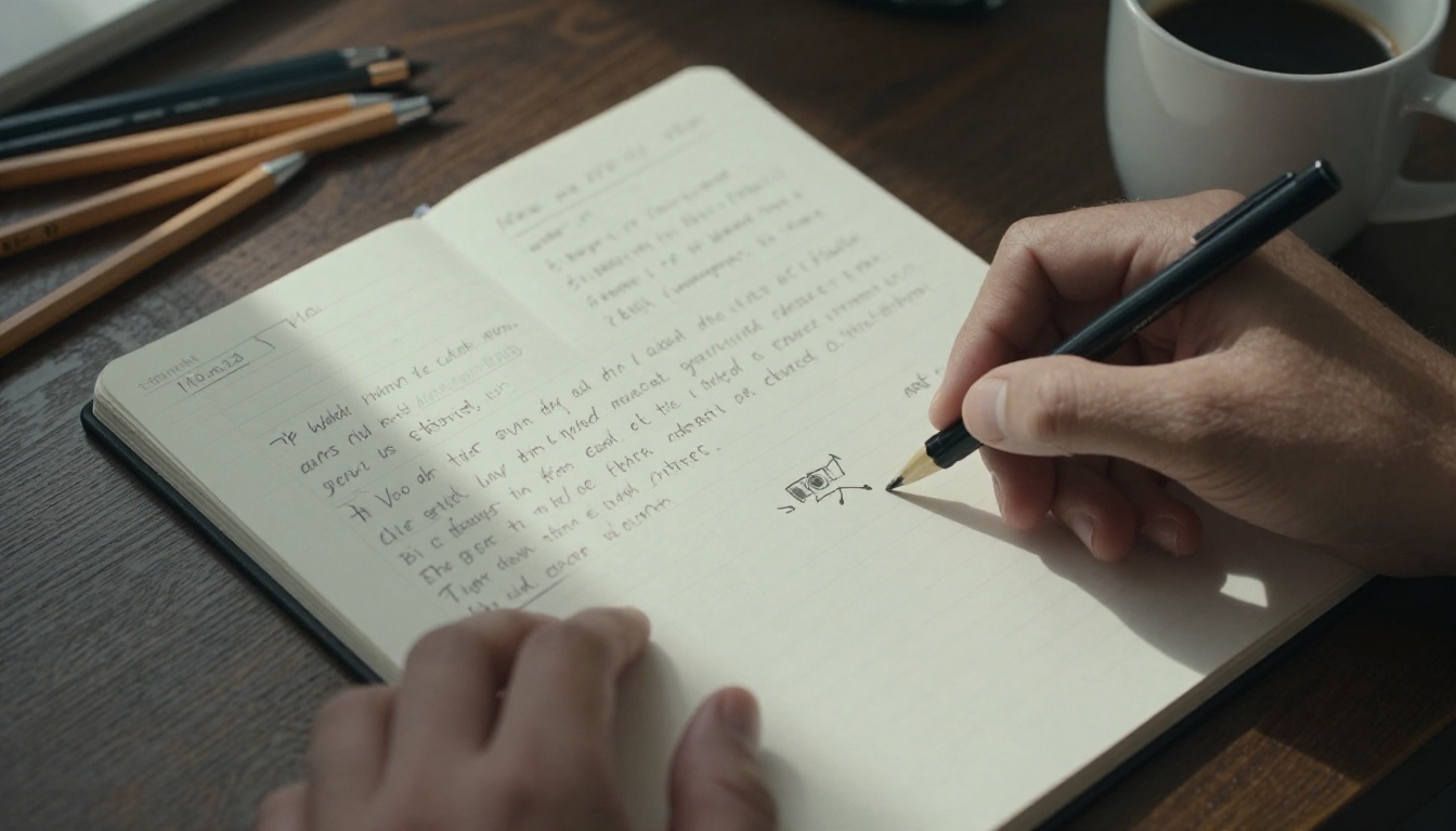 Notepad with handwritten scene and camera direction notes