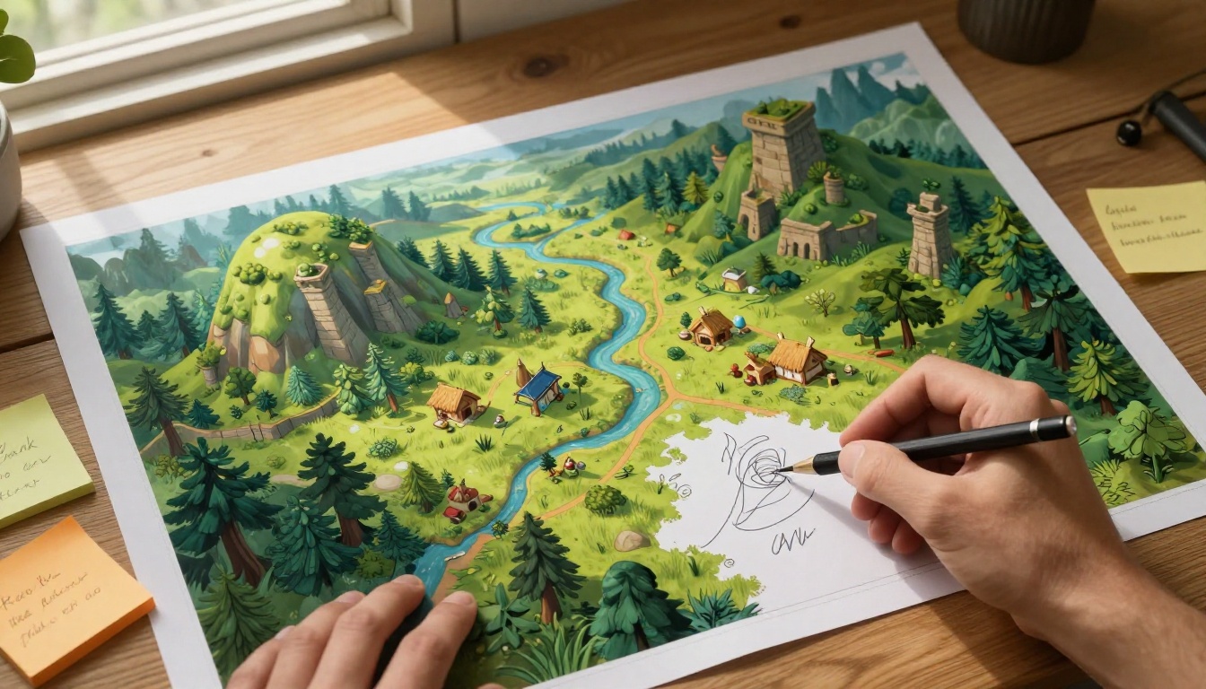 Aerial view of fantasy game environment concept sheets spread on a wooden table with handwritten designer annotations