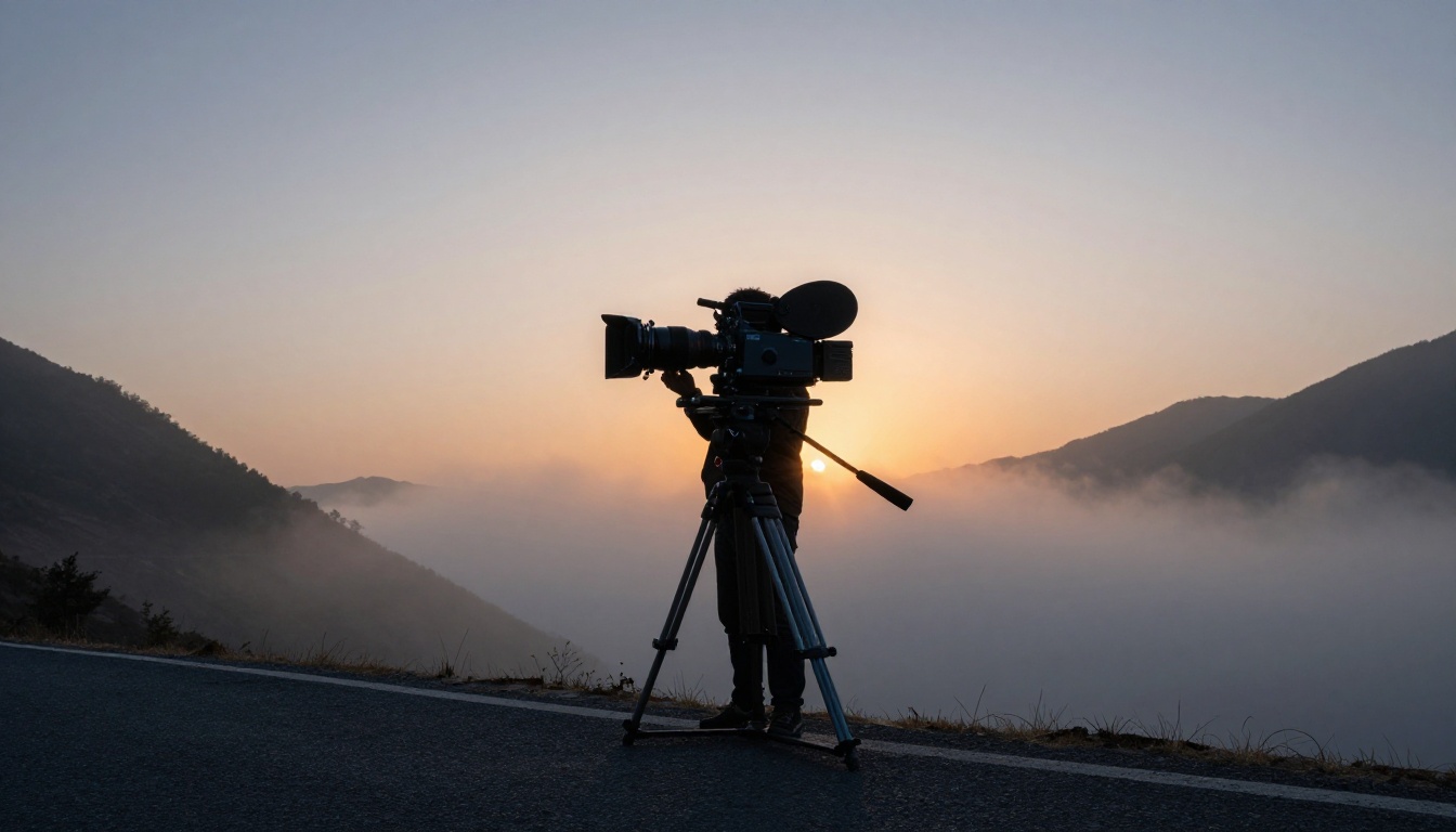 Cinematographer at sunrise on a misty mountain road