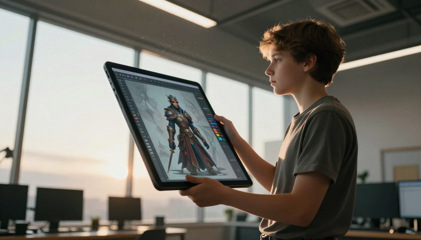 Low-angle shot of a game developer reviewing AI-generated character concept art on a drawing tablet