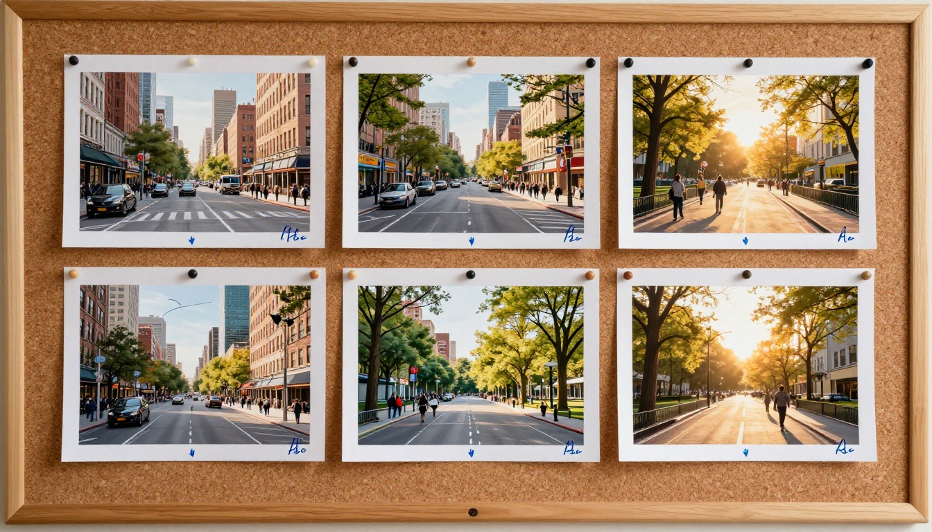 Storyboard panels pinned to a cork board with motion annotations