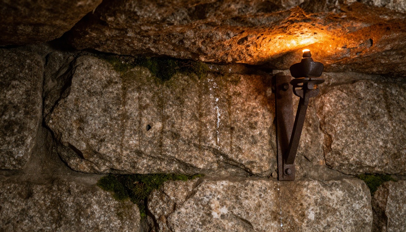 Close-up of a detailed stone dungeon wall texture showing moss, mortar joints, and iron torch bracket