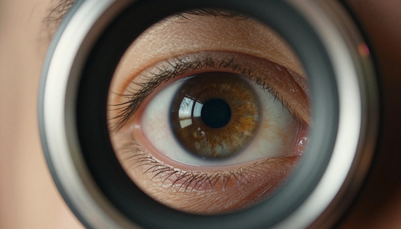 Extreme close-up of a filmmaker's eye looking through a camera viewfinder