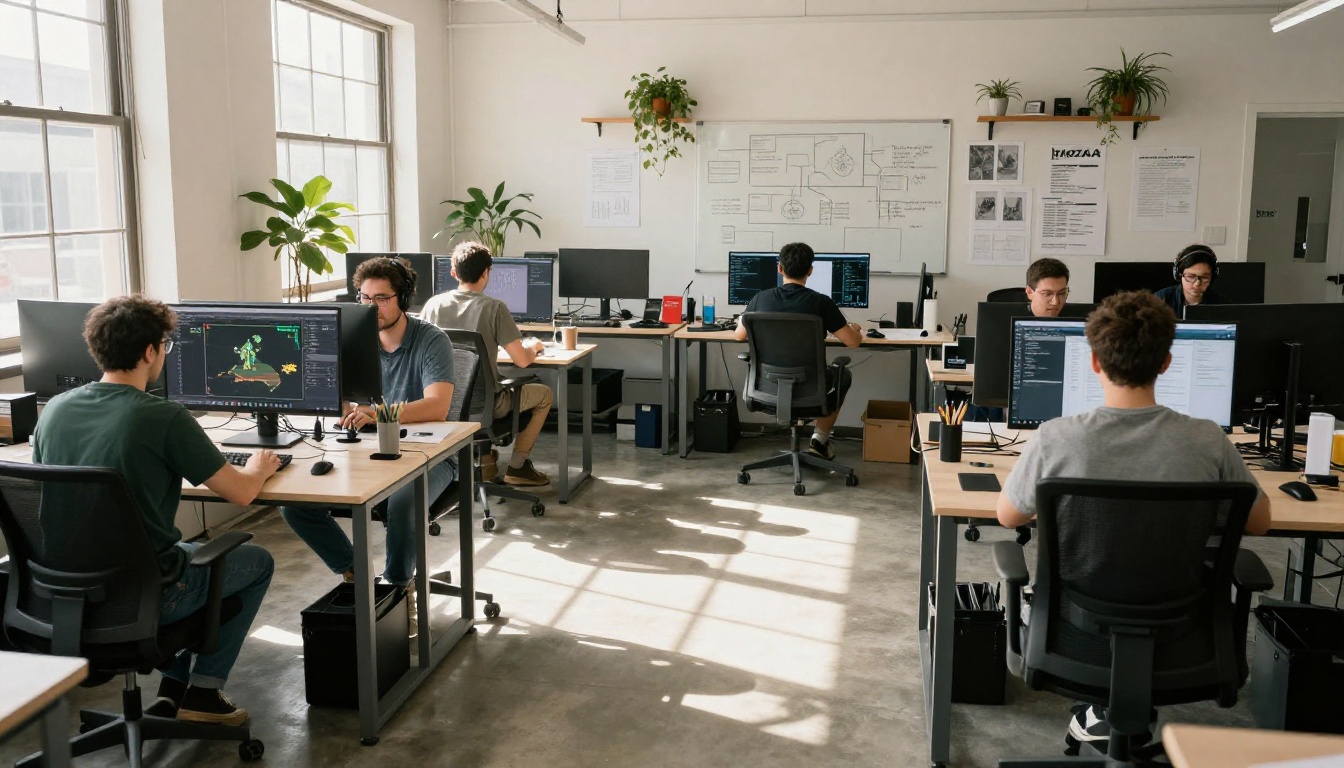 Wide shot of an indie game development studio with six developers working in an open-plan office with large windows