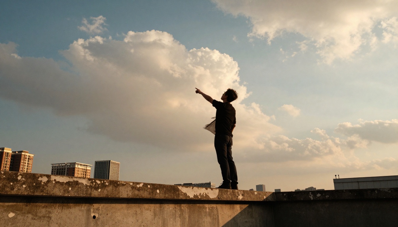 Film director on rooftop pointing upward at a dramatic cloud formation