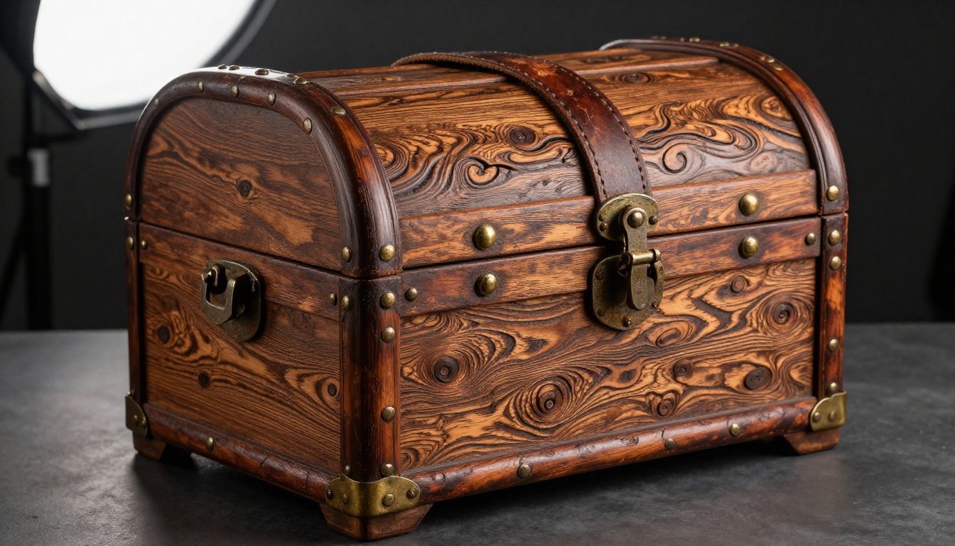 Close-up of a detailed wooden treasure chest game prop with carved wood grain, iron lock, and brass brackets
