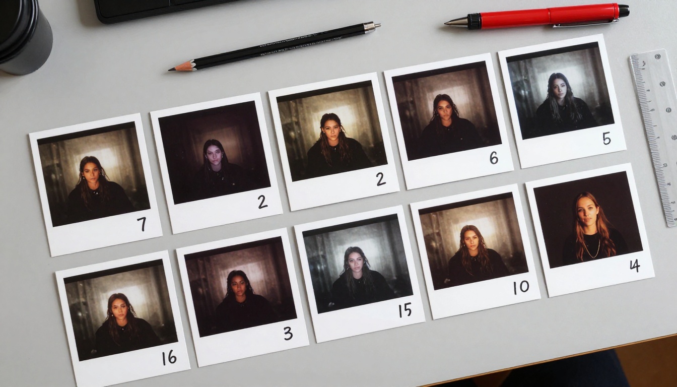 Overhead flat-lay of printed AI video frames arranged in sequence