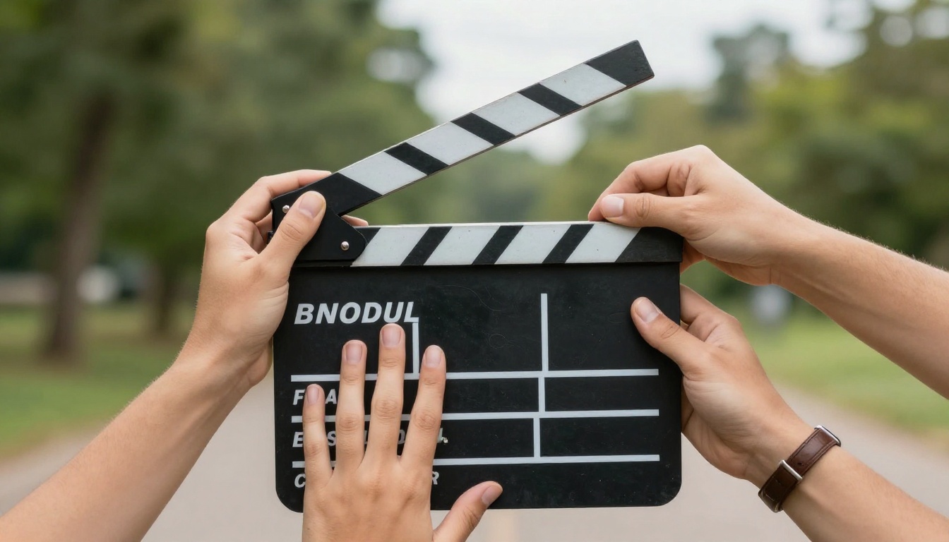 Hands holding a director's clapperboard in an outdoor setting
