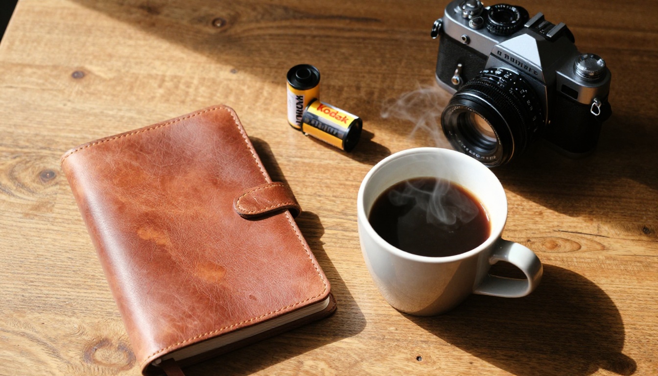 Overhead view of photography props on a wooden table, authentic film rolls and worn leather journal