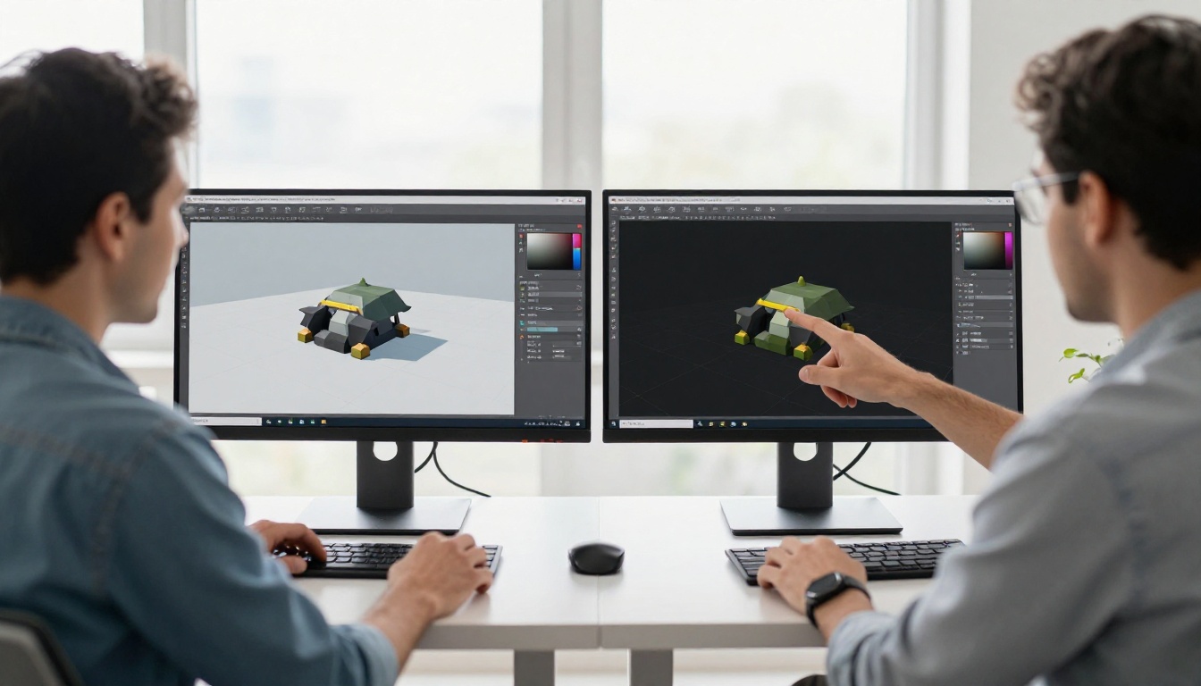 Two game developers reviewing a before-and-after comparison of a rough prototype asset versus a polished final version