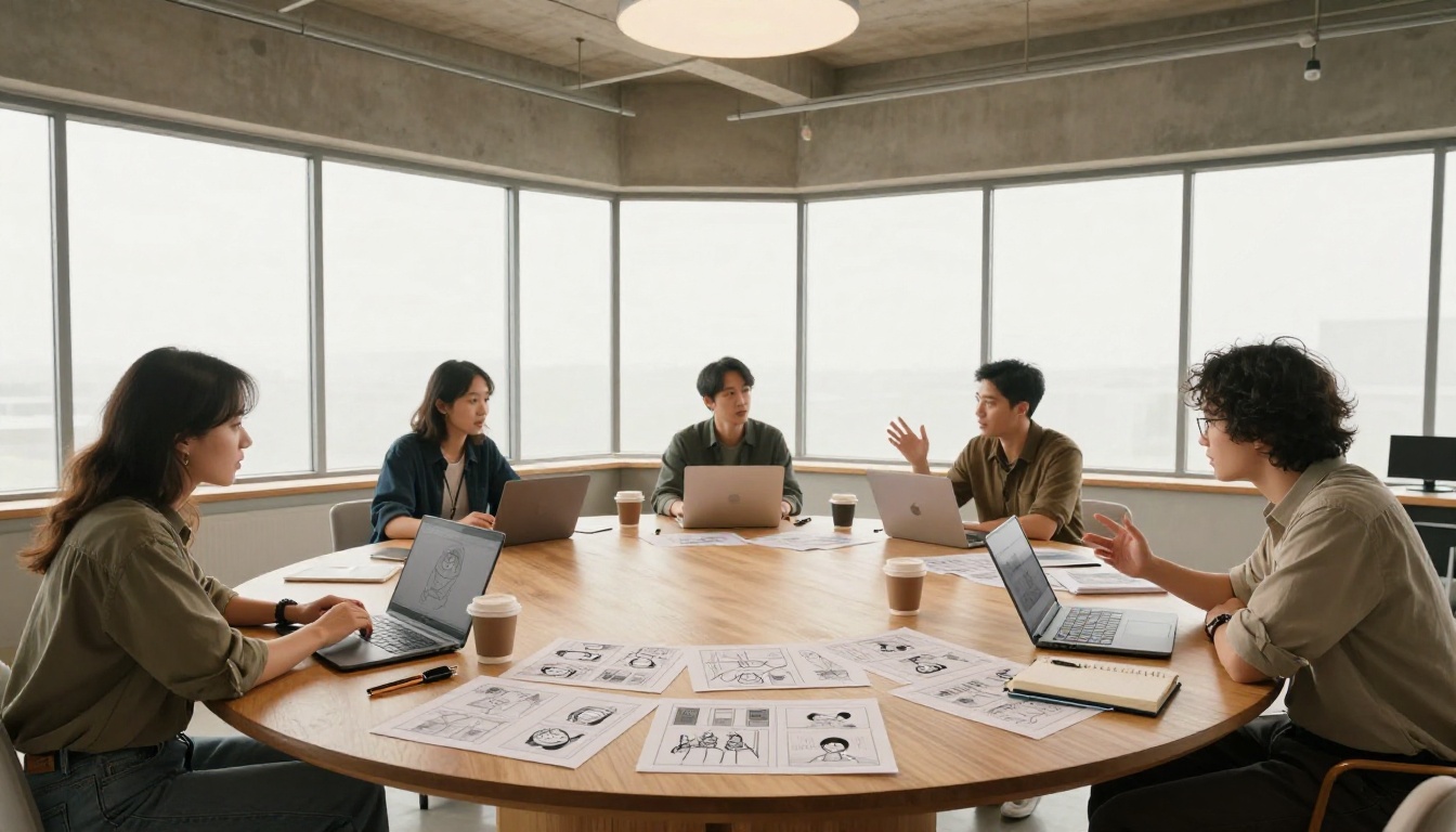 Three people collaborating around a table with storyboard materials