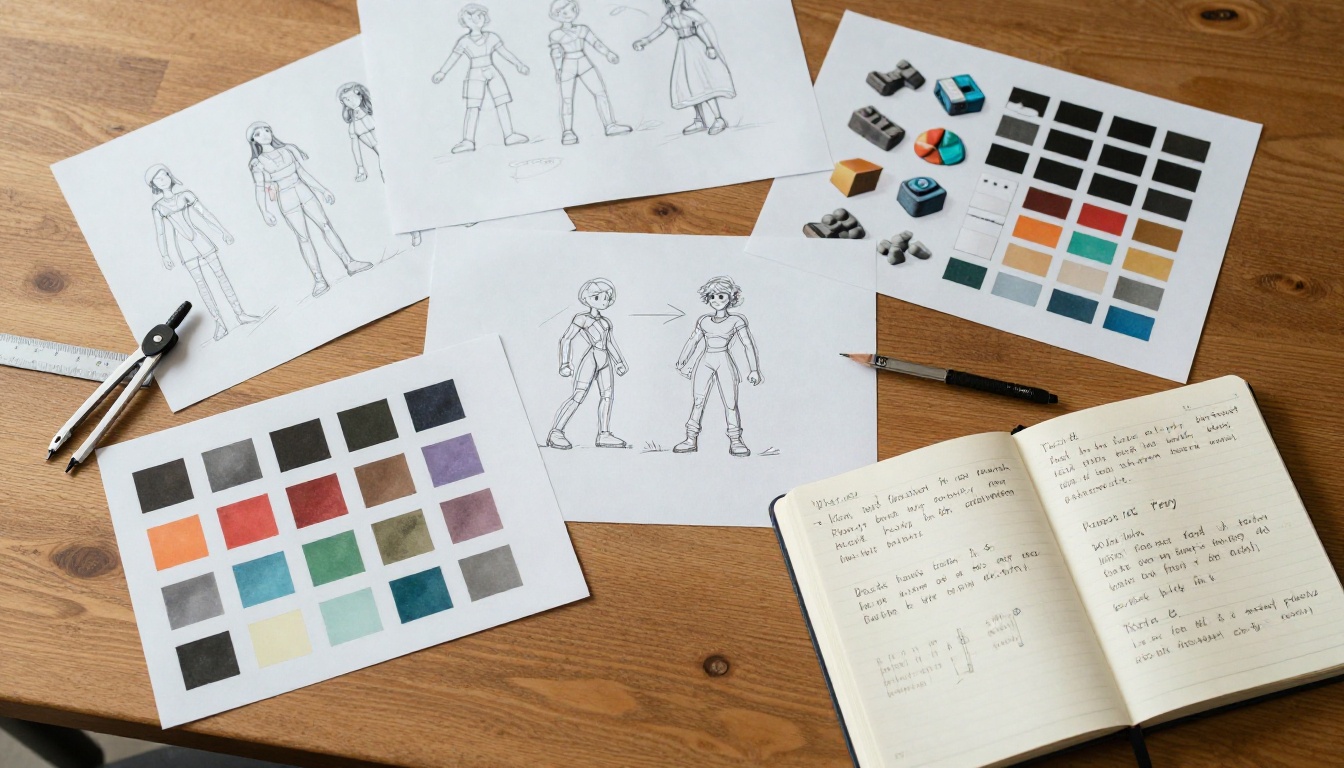 Overhead flat-lay of a game design brainstorming session with character sketches, color swatches, and design notebooks