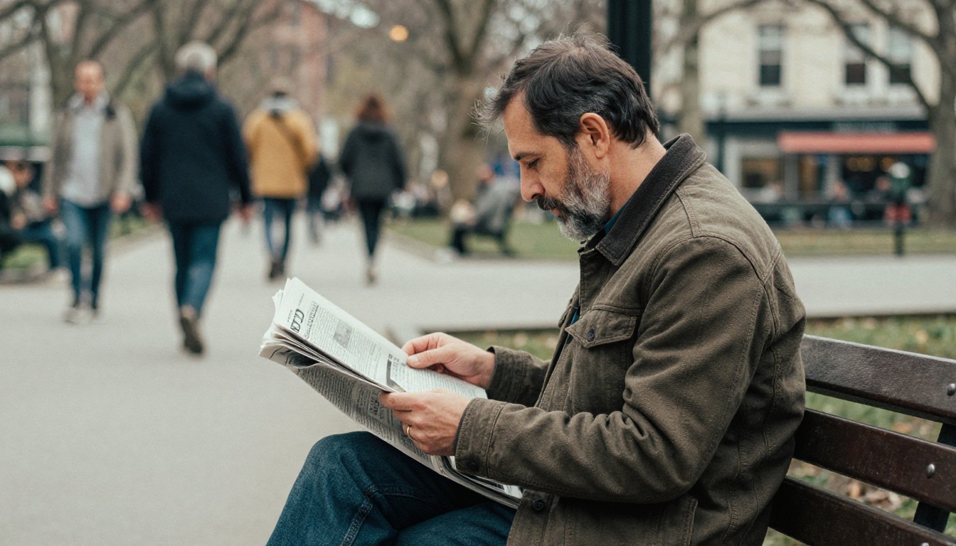 Candid side portrait of a middle-aged man sitting on a park bench reading, authentic street photography atmosphere