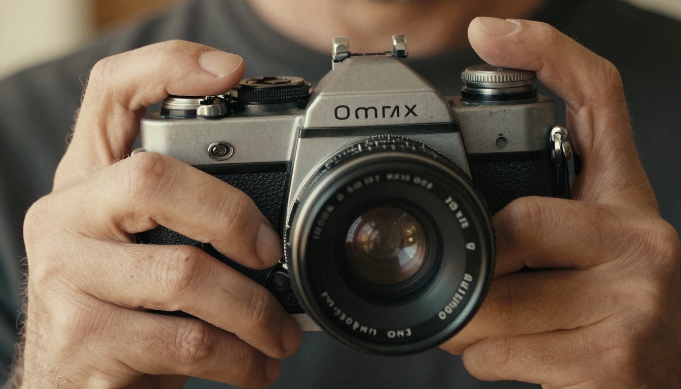 Close-up of human hands holding an analog film camera, visible skin texture, pores, and metal wear