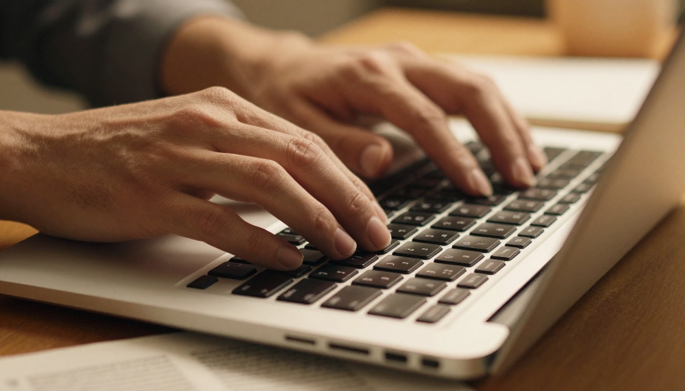 Close-up of two hands typing confidently on a laptop keyboard with highlighted research papers and a spiral notebook visible in soft focus
