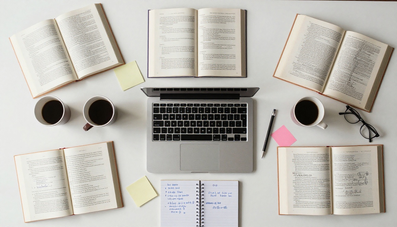 Aerial top-down view of a minimalist research desk with open books, sticky notes, and a laptop showing a clean AI chat interface