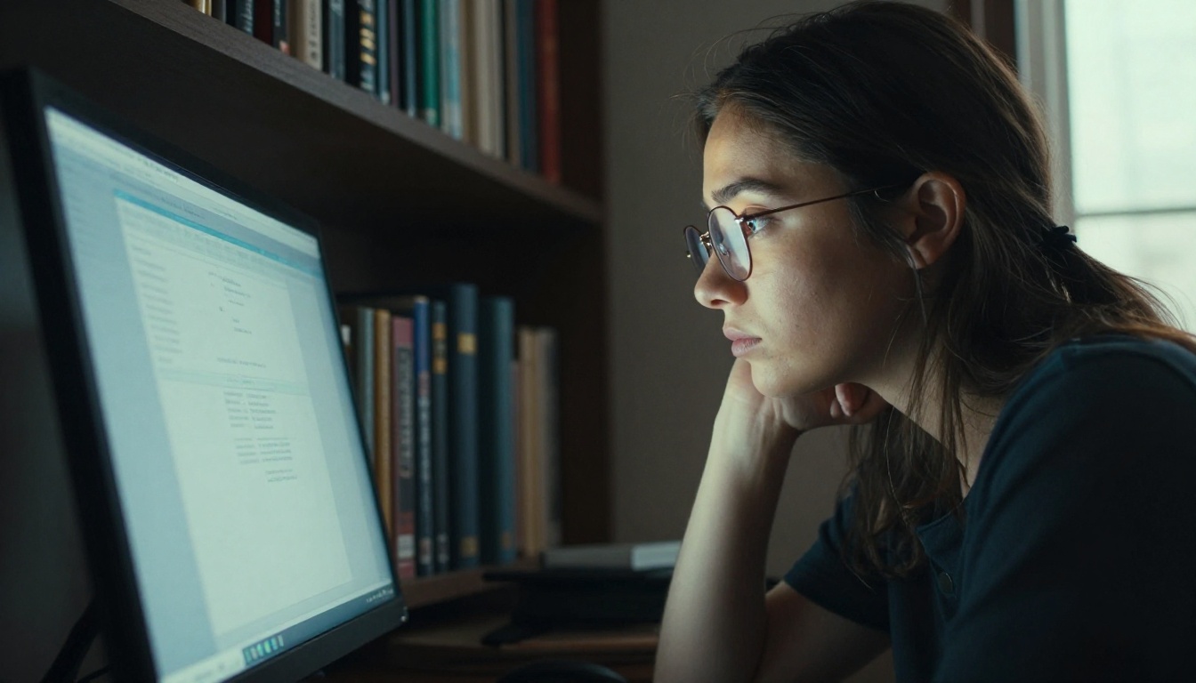 Low-angle view of a woman reading from a large glowing monitor in a dark bookshelf setting, dramatic side-lighting from a window warming one side of her face