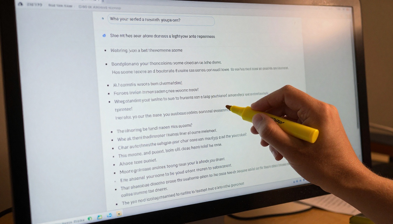 Close-up of a desktop monitor showing a structured AI chat conversation with organized bullet-point output, a hand holding a highlighter marker approaching the screen