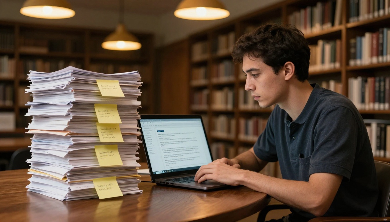 A focused male researcher at a library table comparing printed papers with a laptop showing an AI chat interface open beside him