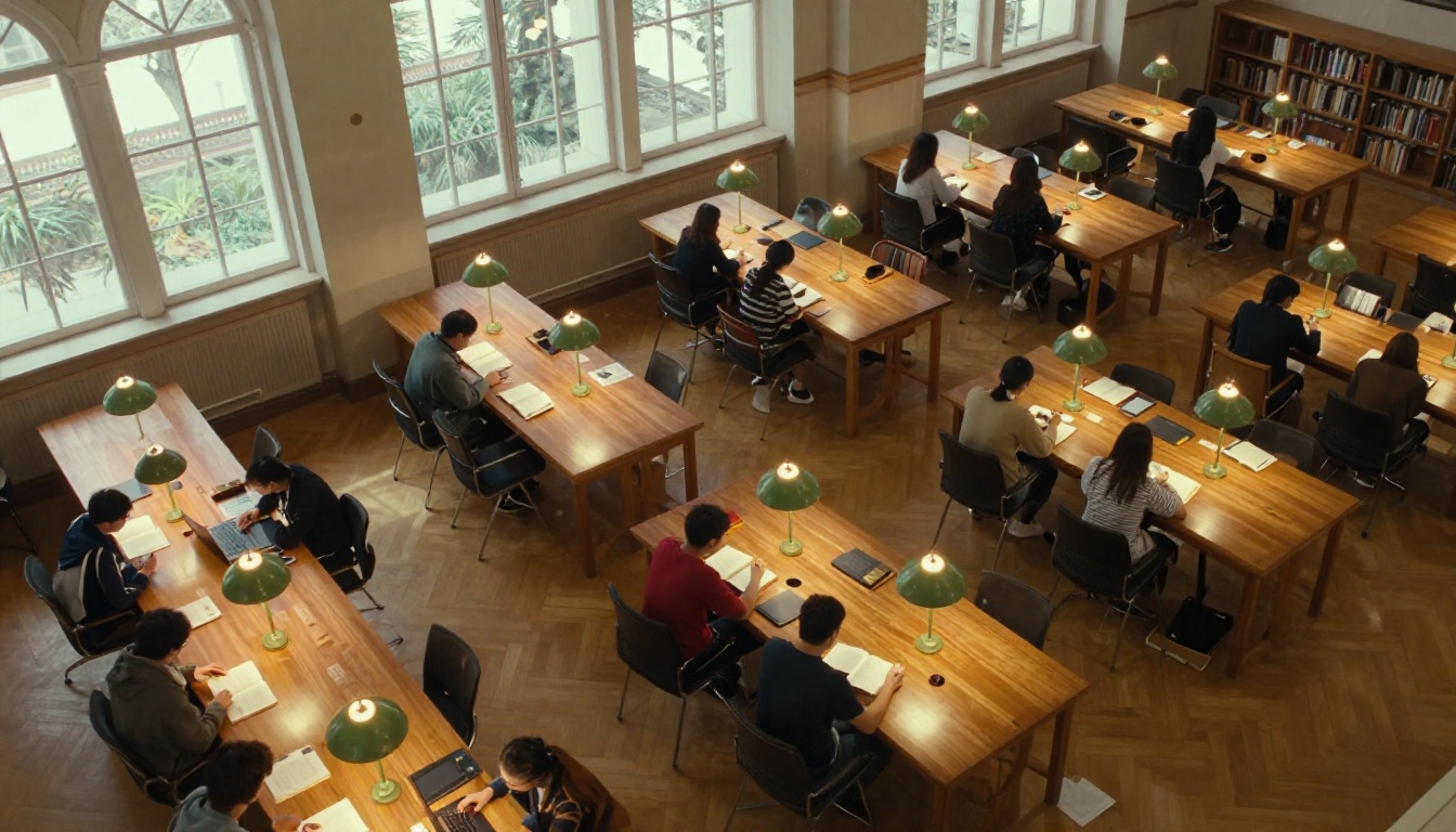 Aerial view of a university library study area with warm amber reading lamp pools, students at wooden desks below with open books and laptops