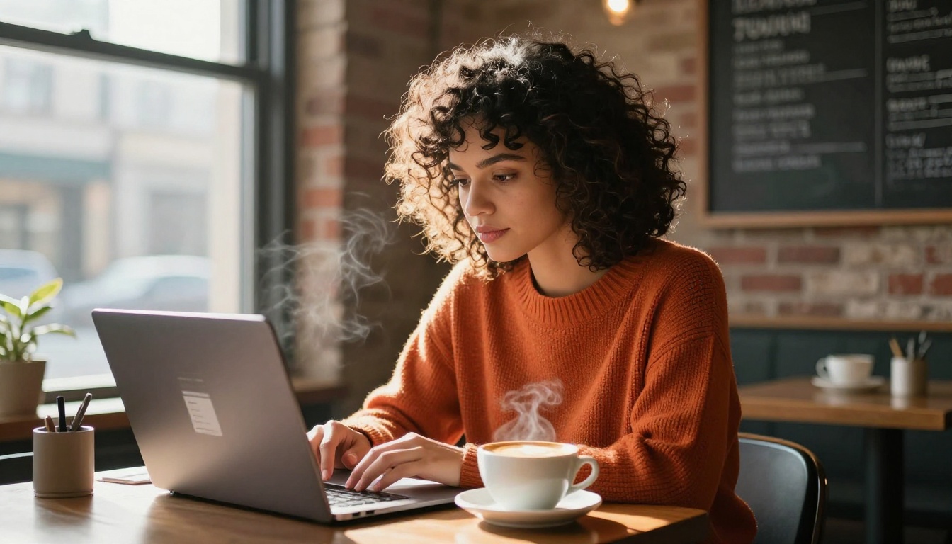 A young woman with dark curly hair sitting in a warm coffee shop with a laptop and latte, leaning forward in focused concentration