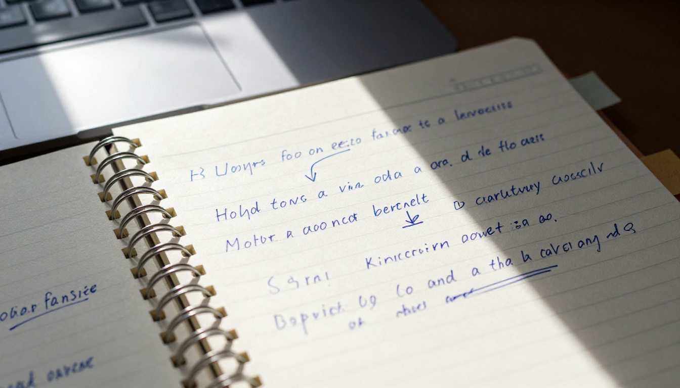Close-up of an open spiral notebook with handwritten research notes and arrows connecting concepts, a laptop keyboard glowing softly at the top of frame