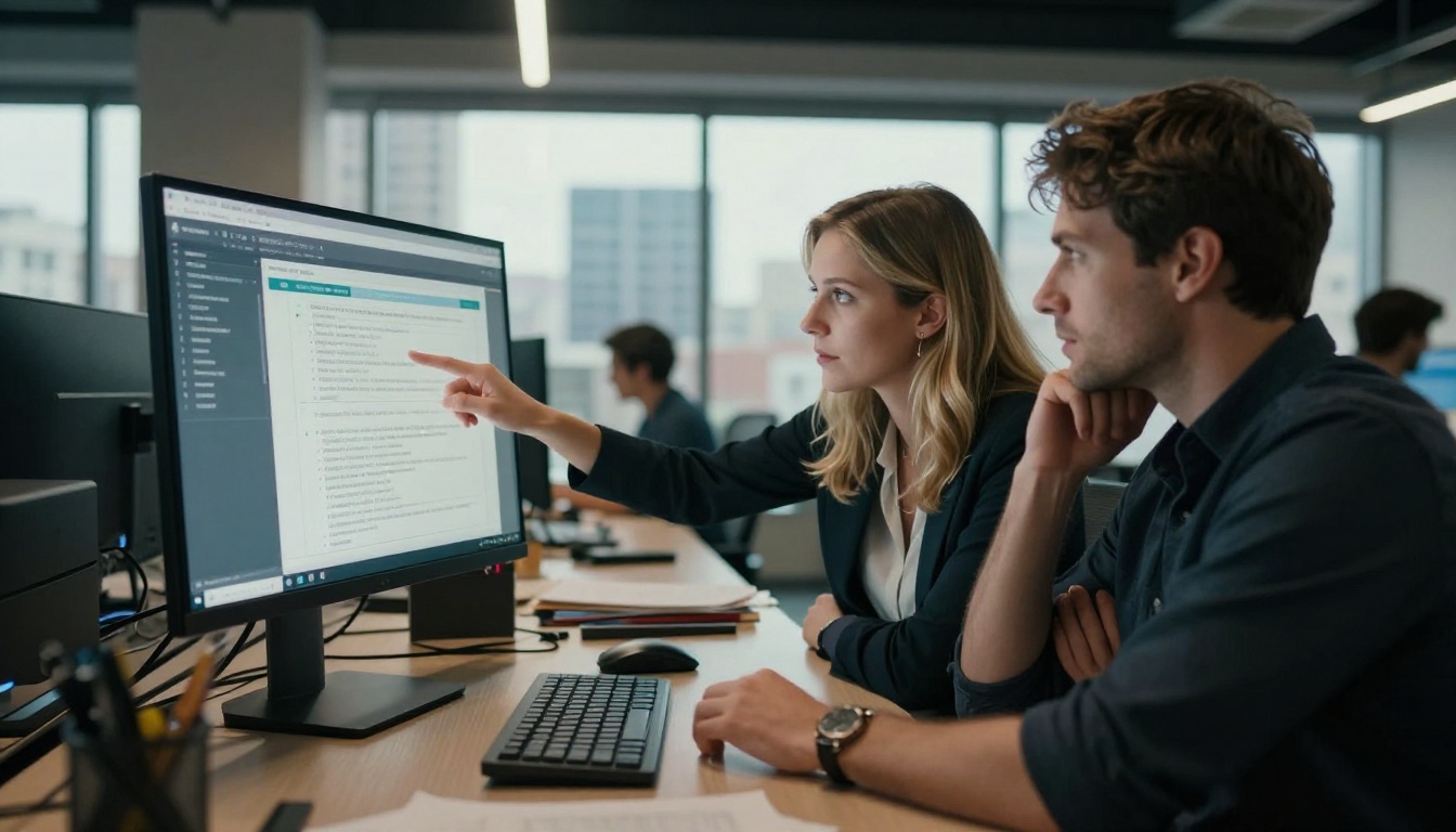 Two colleagues at a shared standing desk in a modern office, both looking at a monitor showing a structured AI research summary, one pointing at the screen