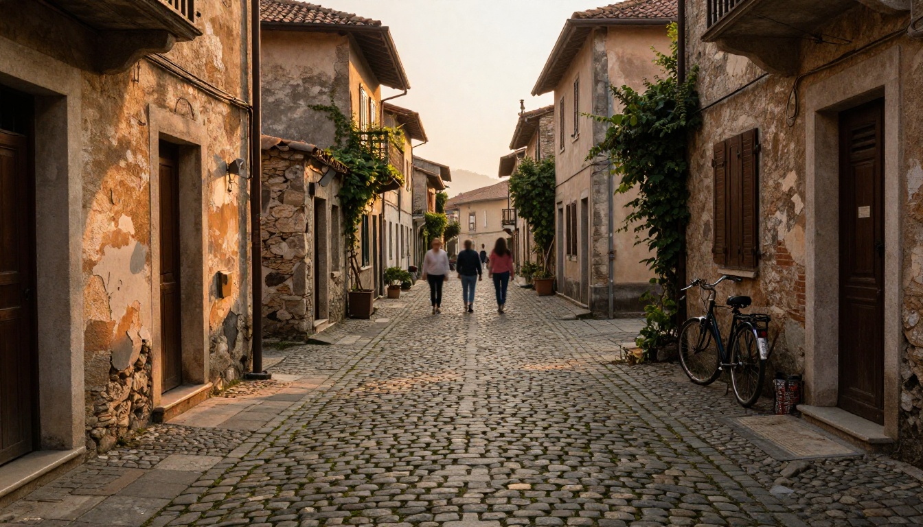 Narrow cobblestone European street at golden hour, weathered stone facades and natural atmospheric haze