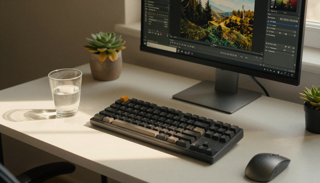 Minimalist home office desk with authentic lived-in details, warm afternoon light casting long natural shadows
