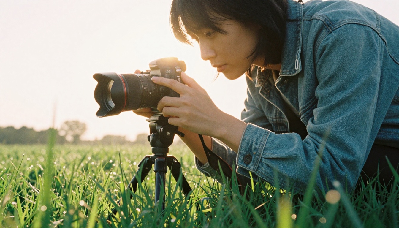 Woman photographing with a DSLR camera on a tripod outdoors, natural golden hour backlight and authentic atmosphere
