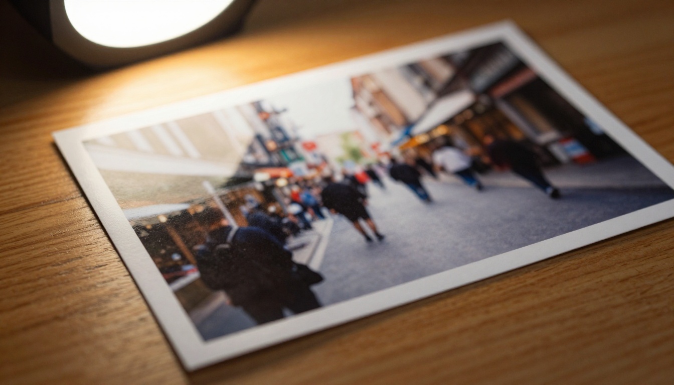 Printed photograph lying on a wooden table, close-up showing matte paper texture with authentic fingerprint smudge and slight curl