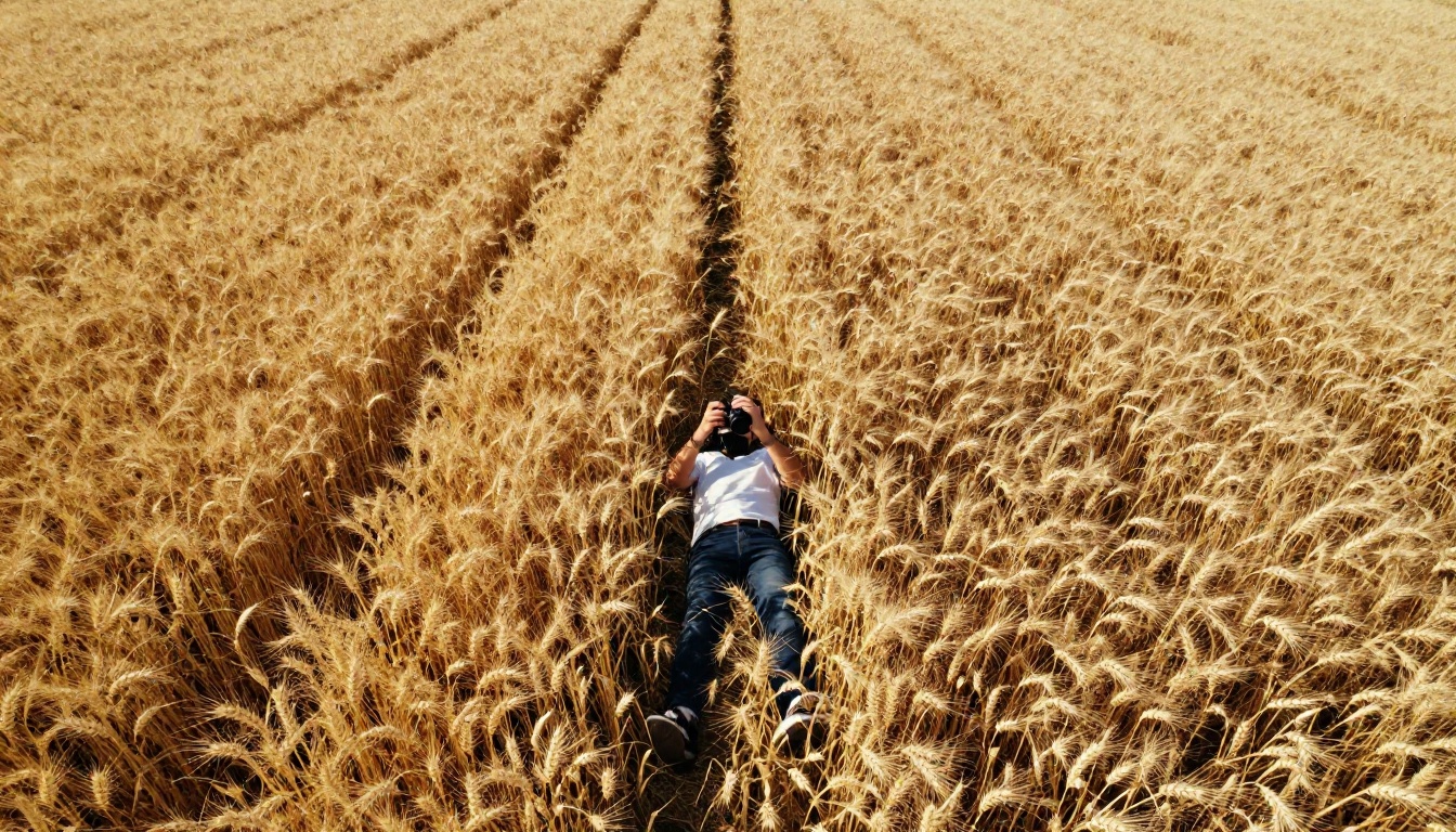 Aerial drone shot of a photographer lying in a golden wheat field, natural crop irregularity and authentic outdoor light