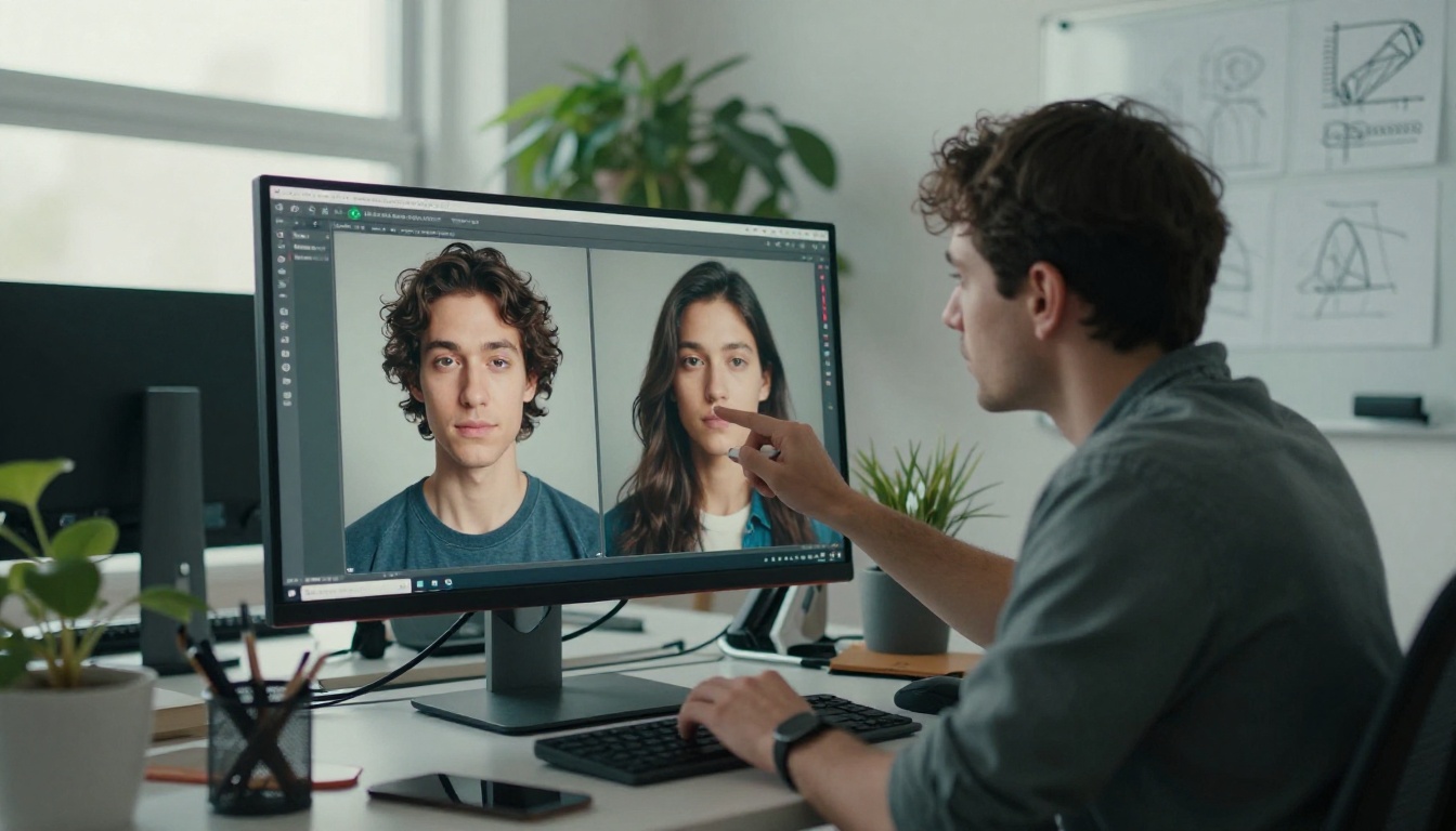 Graphic designer comparing a plastic-looking AI portrait against a photorealistic version on a large monitor