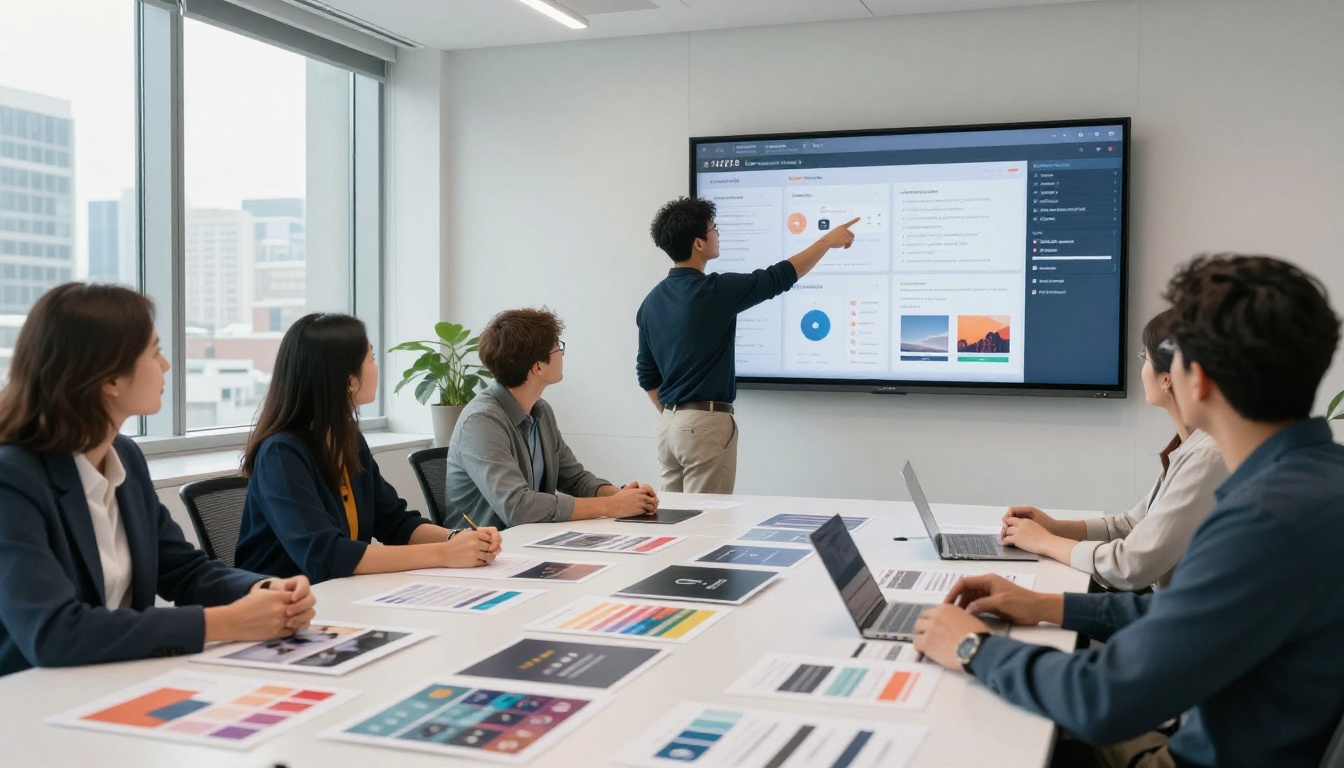 Marketing team reviewing printed campaign creatives at a conference table