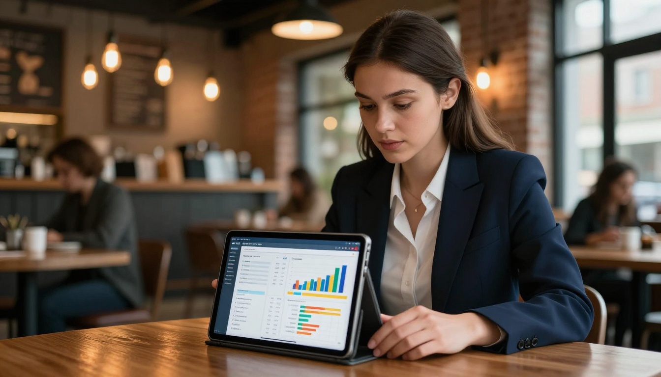 Female marketer reviewing social media analytics on a tablet in a coffee shop