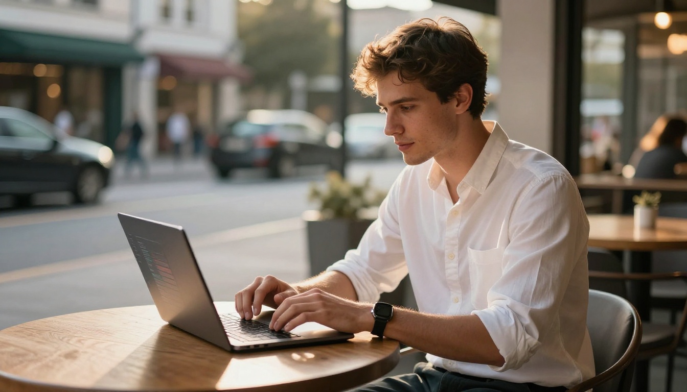 Young male marketer working on AI campaign content at an outdoor cafe