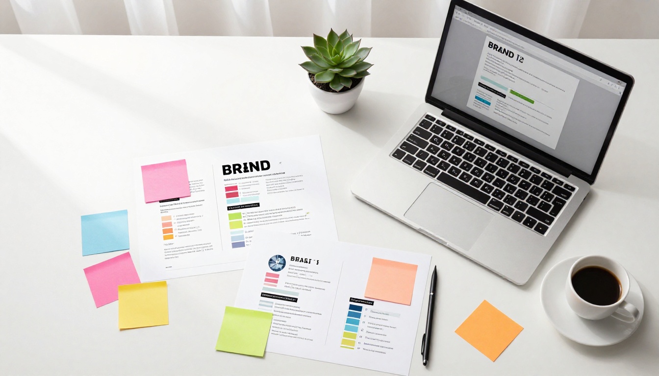Flat-lay of modern creative marketing workspace with laptop, campaign mockups, and sticky notes