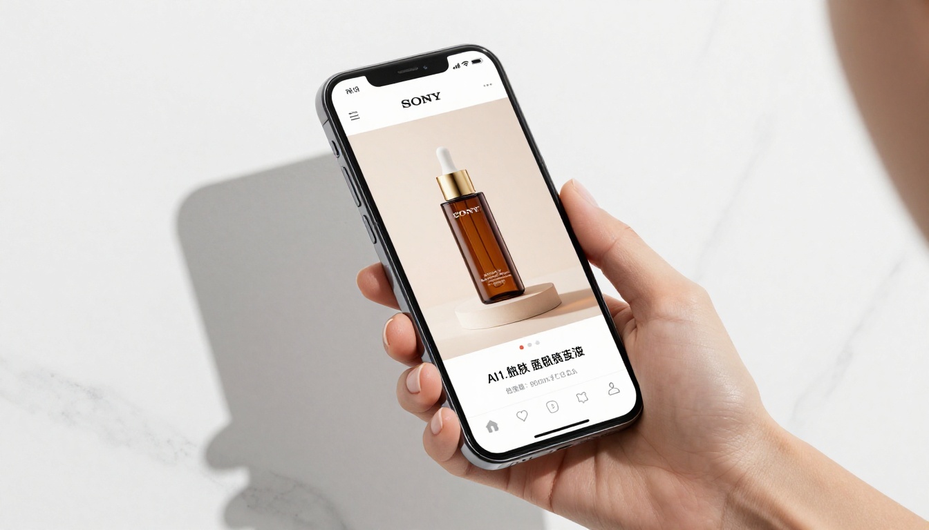 Smartphone displaying an AI-generated luxury skincare brand advertisement Smartphone displaying an AI-generated luxury skincare brand advertisement