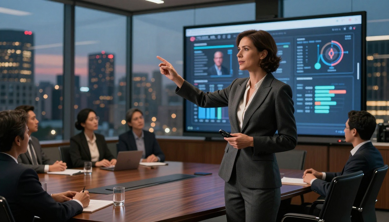 Marketing director presenting AI campaign results to executives in a boardroom Marketing director presenting AI campaign results to executives in a boardroom