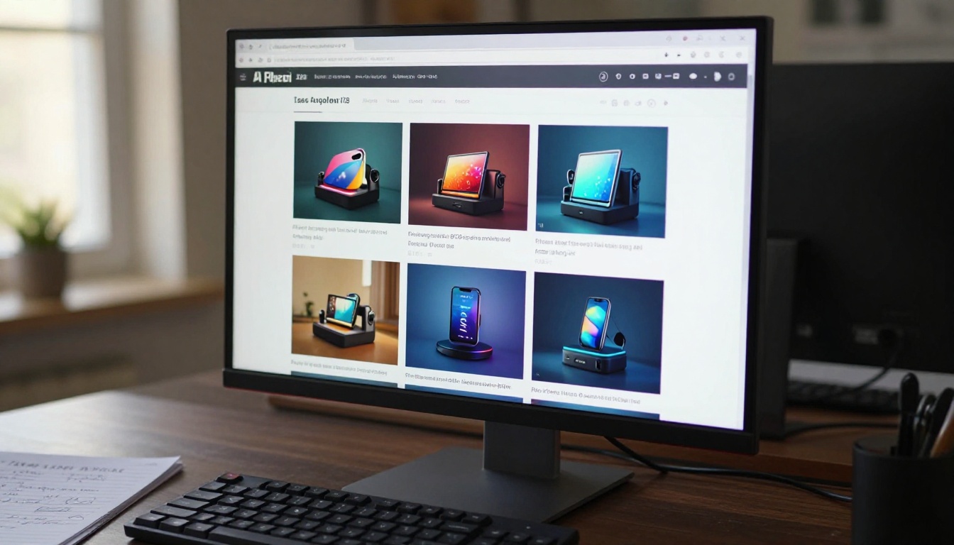 Desktop monitor displaying an AI image generation interface with campaign visual outputs Desktop monitor displaying an AI image generation interface with campaign visual outputs