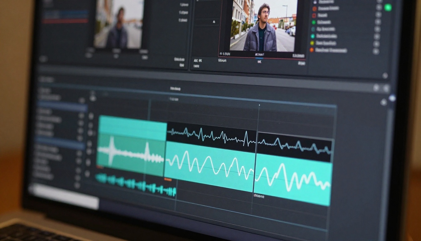 A professional video editing timeline with AI-highlighted cut points on a 4K monitor
